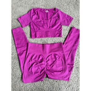 Women's Pink Seamless Scrunch Butt Leggings & Crop Top Workout Set Sz S